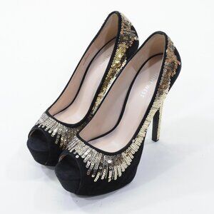 Nine West Black Suede & Gold Sequin Starburst Peep-Toe Platform Pumps